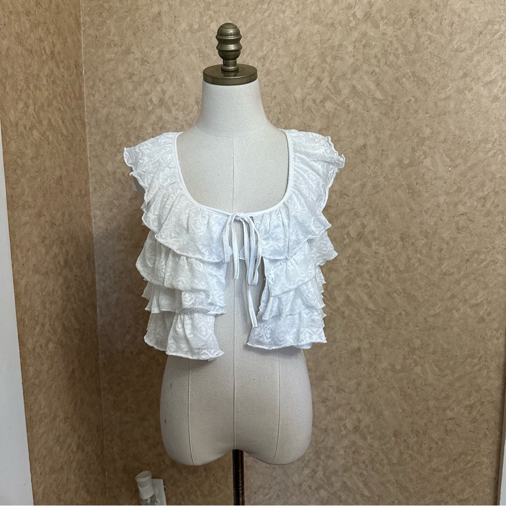 Y2K White Ruffled Tie Front Cropped Blouse